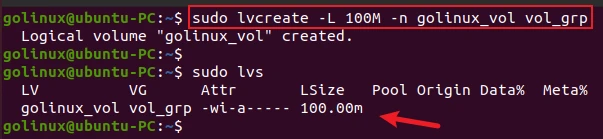 lvcreate command to create linear logical volume