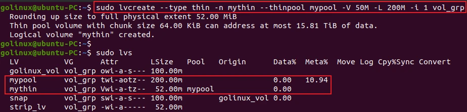 lvcreate command to create thin logical volume first creating thin pool for it