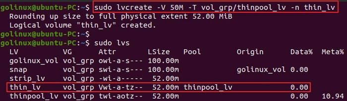 lvcreate command to create thin logical volume