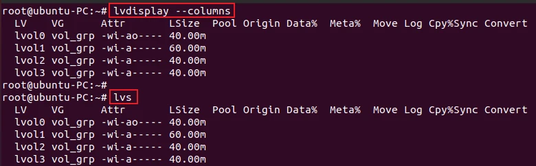 lvdisplay command to display output in columns