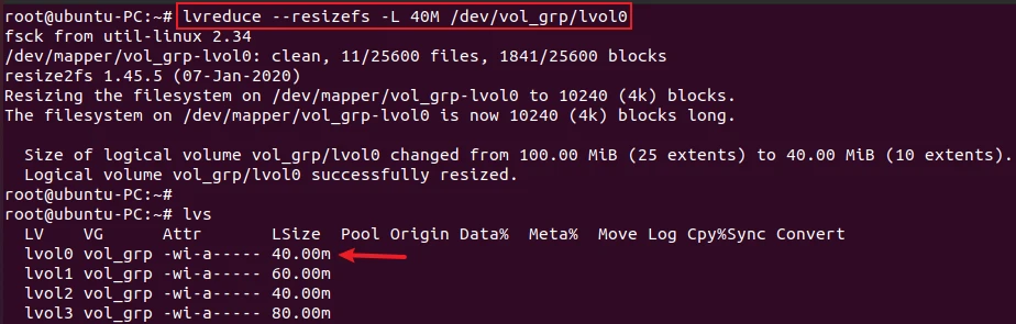 lvreduce command to reduce logical volume size with filesystem