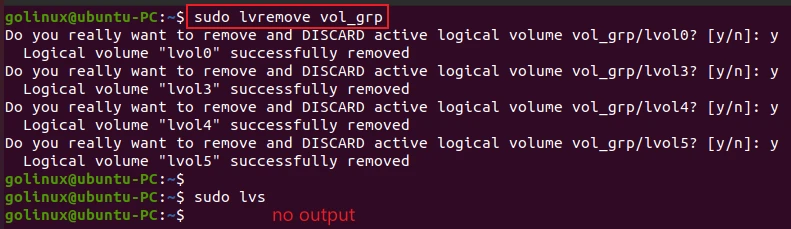 lvremove command to remove all logical volumes in the volume group