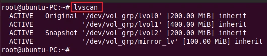 lvscan command to scan for logical volumes