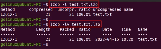 lzop command to view information of compressed file