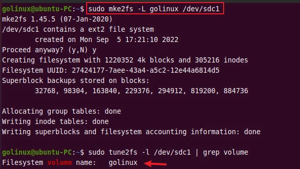 create a filesystem with specific volume name