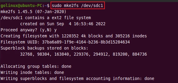 mke2fs command to create a filesystem