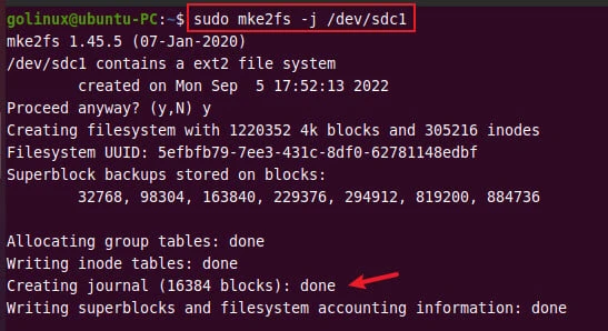 mke2fs command to create an ext3 journal