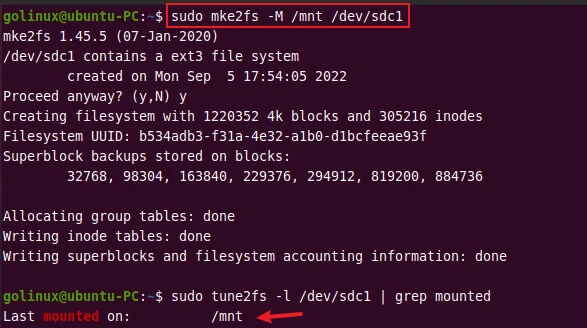 set last mounted directory of a filesystem