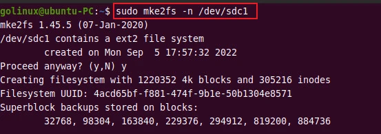 test run mke2fs command