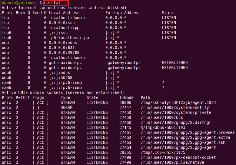 netstat command to display all connections
