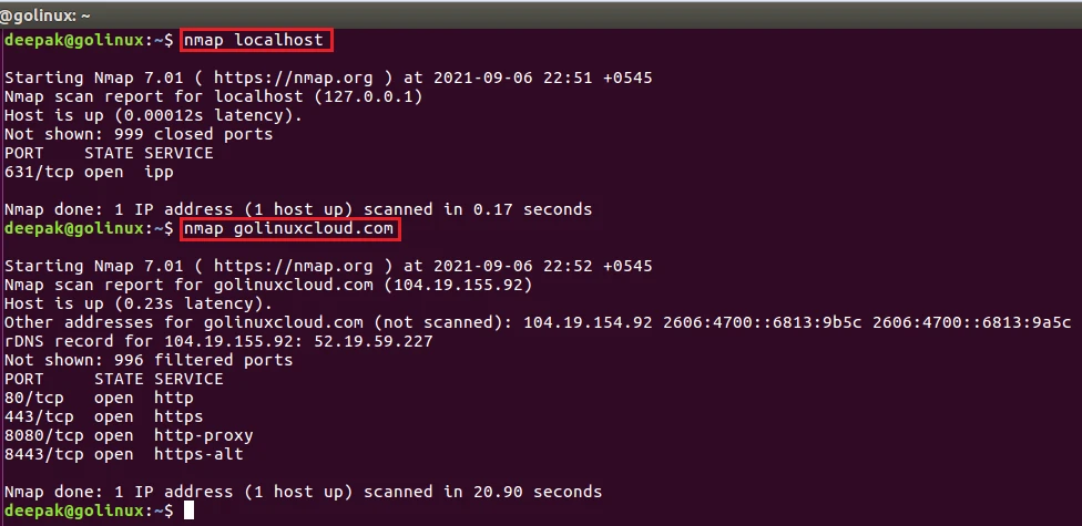 nmap command to scan a system using hostname