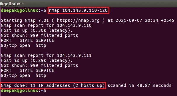 nmap command to scan a specific range of ip address
