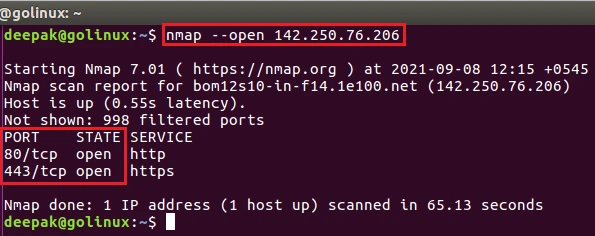nmap command to show open ports only
