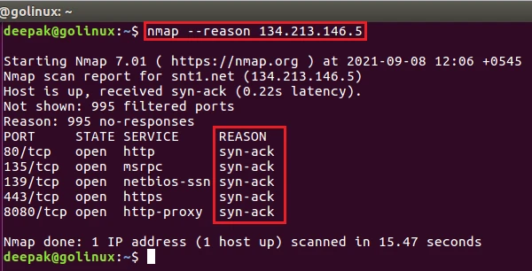 nmap command to show host and port state reasons