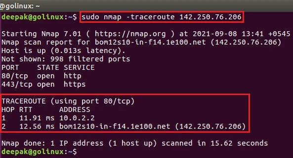 nmap command to trace hop path to each host