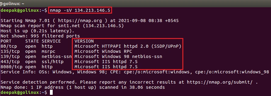 nmap command to detect version