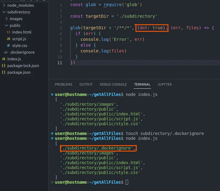 node.js get all files in directory and subdirectories, including dot files