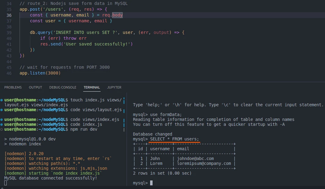 Nodejs save form data in MySQL table