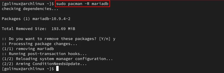 pacman command to remove an installed package