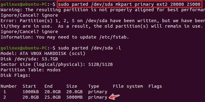 parted command to create a primary partition