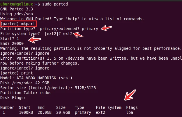 parted command to create a primary partition