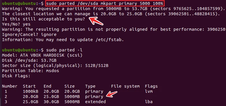 parted command to create a partition