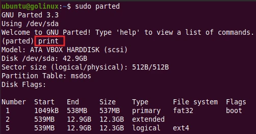 parted command to display the partition table