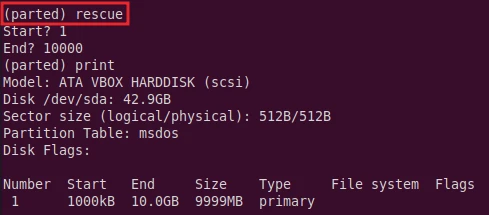 parted command to rescue a lost partition
