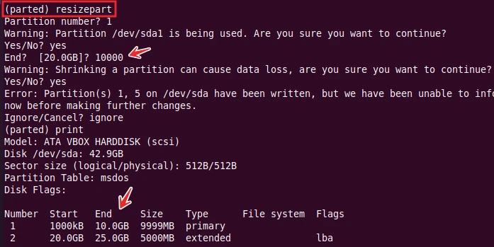 parted command to resize disk partition