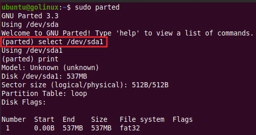 parted command to select different hard disk