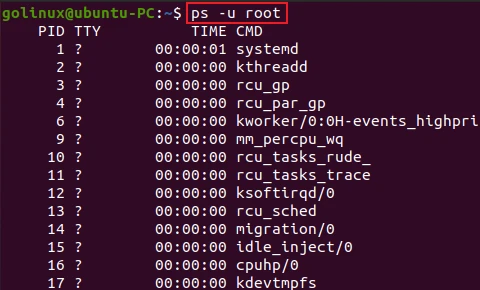 ps command to display processes by effective user name or id