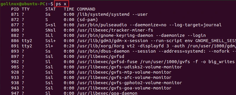 ps command to list all processes owned by the current user
