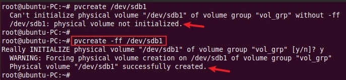 pvcreate command to force the creation of physical volume