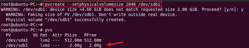 pvcreate command to set physical volume size