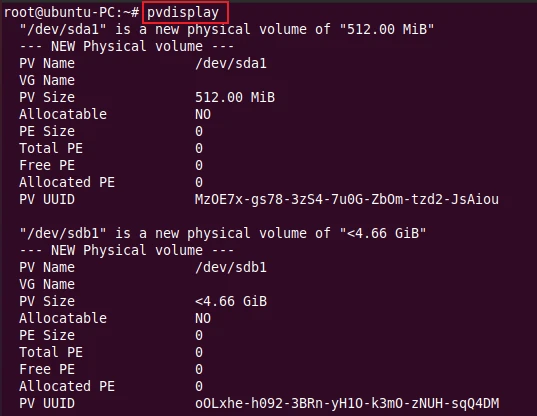 pvdisplay command to display attributes of physical volumes