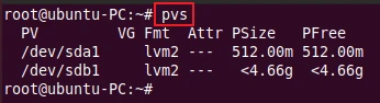 pvs command to display physical volumes