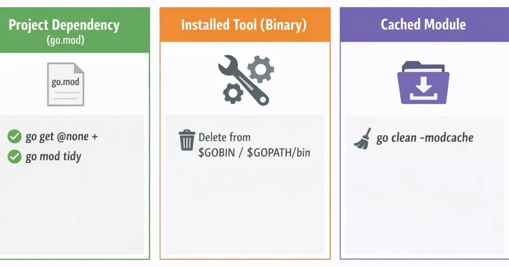 Diagram explaining how to remove or uninstall a Go package, including go.mod dependencies, installed Go tools, and cached modules.