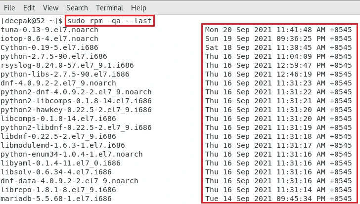rpm command to list recently installed packages
