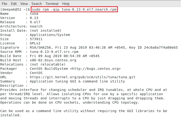 rpm command to print information of rpm package
