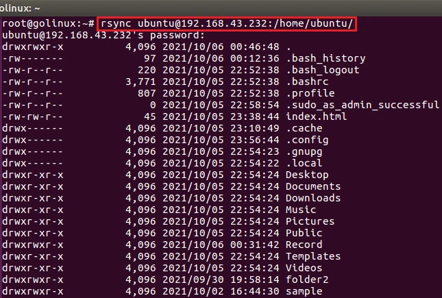 rsync commad to list contents of directories