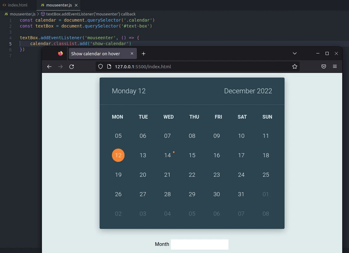 show calendar on hover using mouseenter event