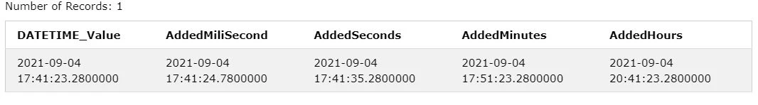 SQL SERVER Time Functions to ADD & SUB TIMEVALUE - Sample output 7