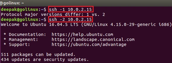 ssh command to specify protocol version