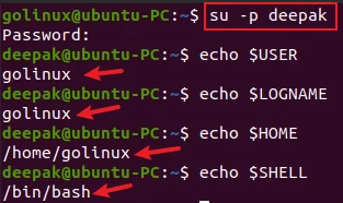 su command to not reset environment variables