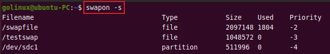 swapon command to display swap usage summary