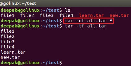 tar command to add all contents to tar archive file
