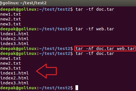 tar command to append archive to the end of another archive