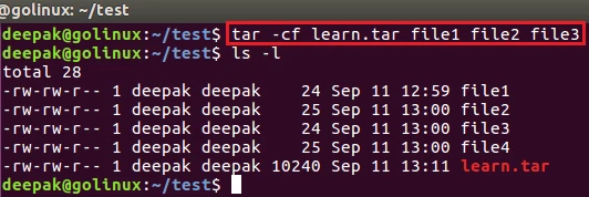 create archive file and add files using tar command