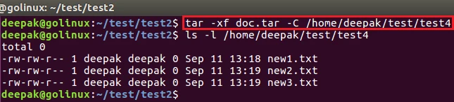 tar command to extract archive in another directory