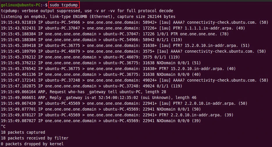 capture packets on the current network interface